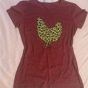 Red T-Shirt with Leopard Print Chicken Design